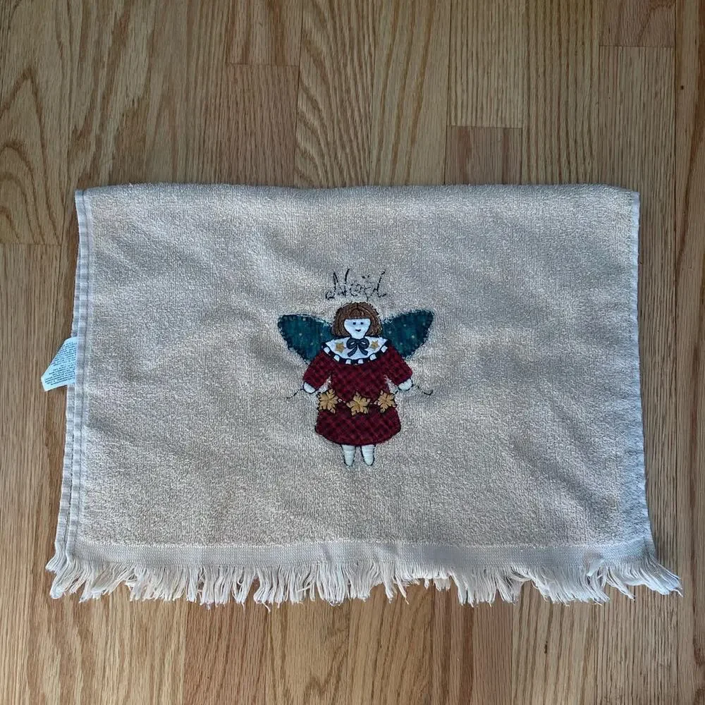 Vintage NOEL Angel Embroidered Hand Towel USA Made Beige